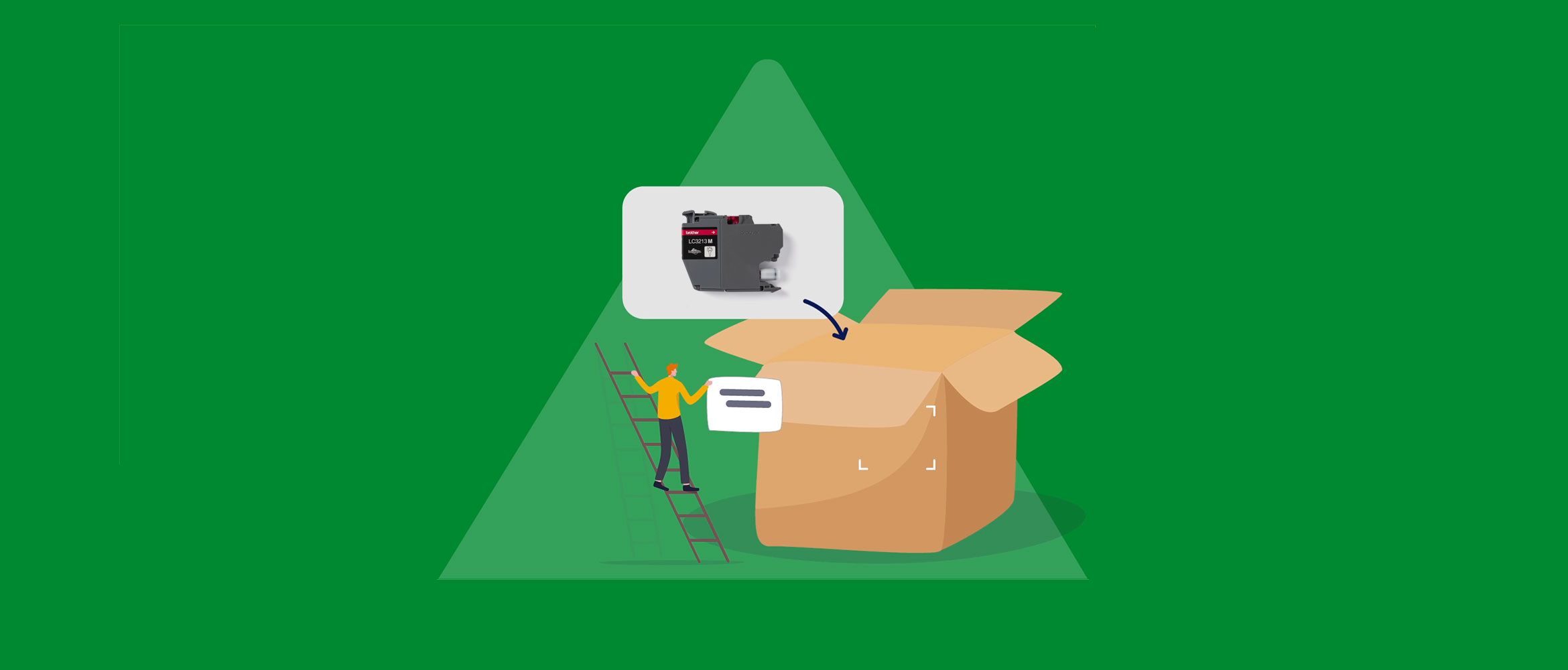 An empty ink cartridge entering a recycling box on a green background