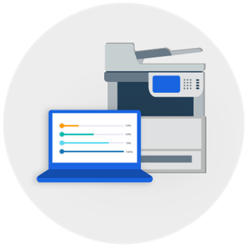 Printer surrounded by laptop icon, document icon, file icon, network icon
