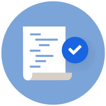 Icon of paper with writing with a tick on a blue circle background