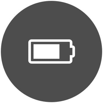White battery charging icon on dark grey circle