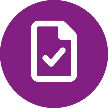 Purple icon with sheet of paper and a tick