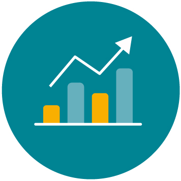 Teal background with graph icon and an arrow on an incline representing increased productivity 