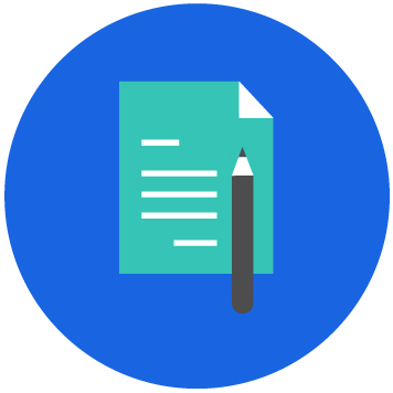 Blue background with green document and grey pen icon representing assessment