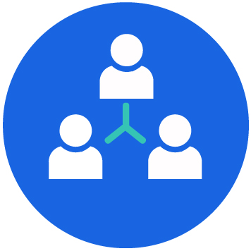 Blue background and three icons in a triangle representing users