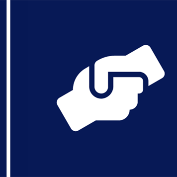 Dark blue background with handshake icon