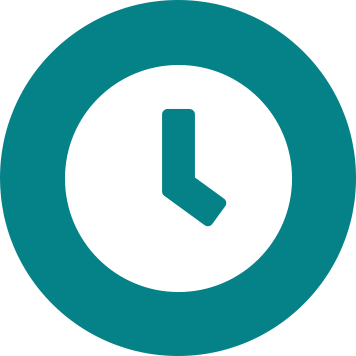 White clock icon on teal circle background 