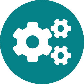 Three white cogs icon on teal circle background 