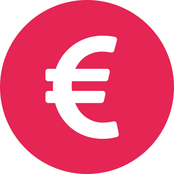 Бял знак за евро на пурпурен кръг