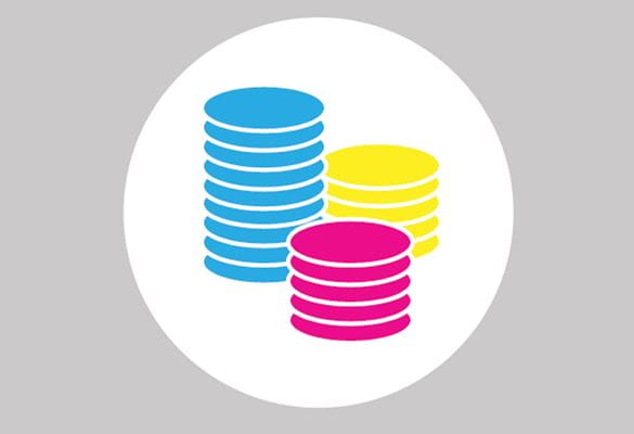 Stacks of bright blue yellow and pink coins within a white circle with grey background for Brother's Inkbenefit landing page