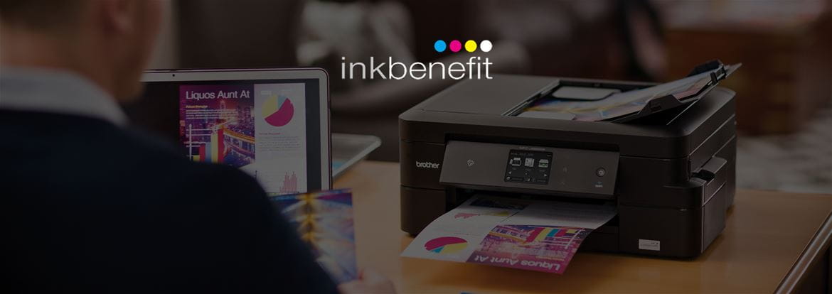 Inkbenefit logo with Brother printer in the background 