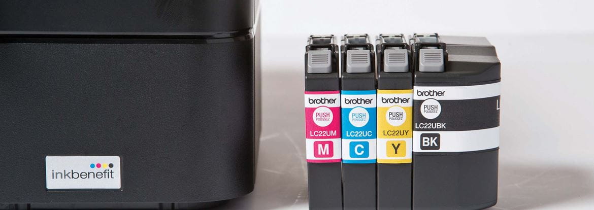 Zoomed image of Brother Inkjet printer and ink cartridges