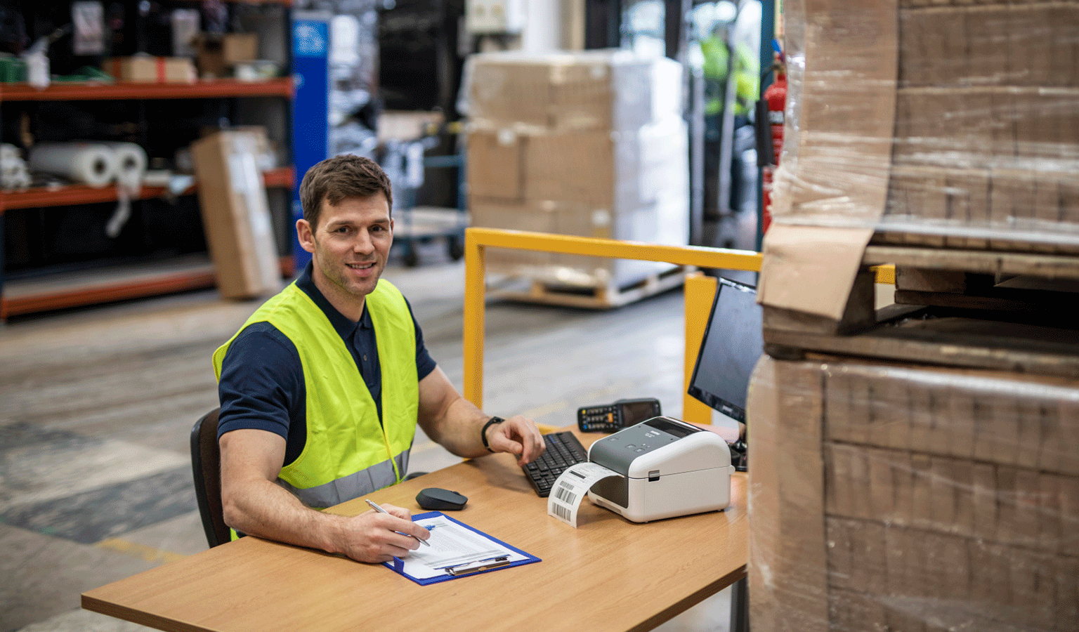 Man in high vis working at desk with TD4D Brother printer in a warehouse