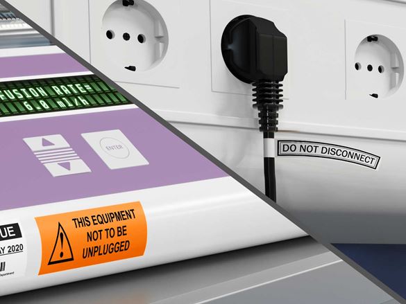 Labels on critical healthcare equipment informing not to unplug the equipment