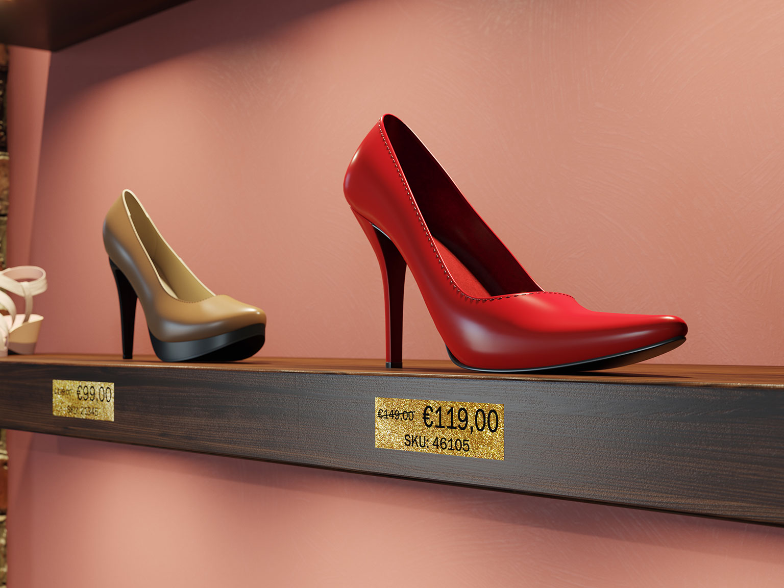 Brother premium glitter black on gold label attached on shelf edge showing price of shoes 