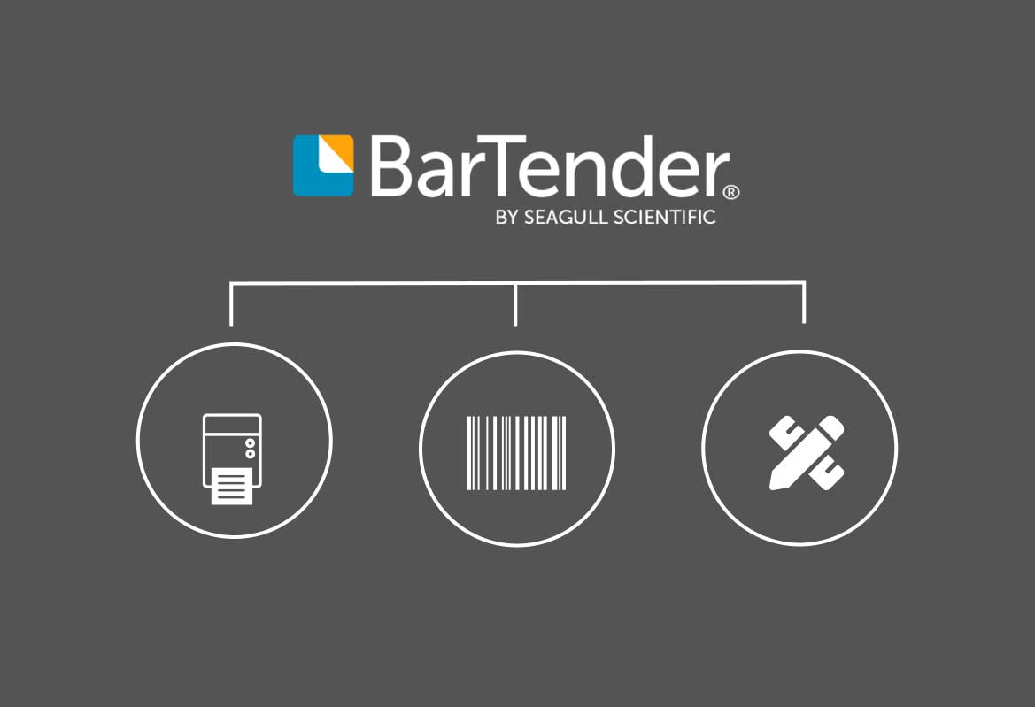 BarTender logo ja tarratulostin-, viivakoodi-, kynä- ja viivotinkuvakkeet