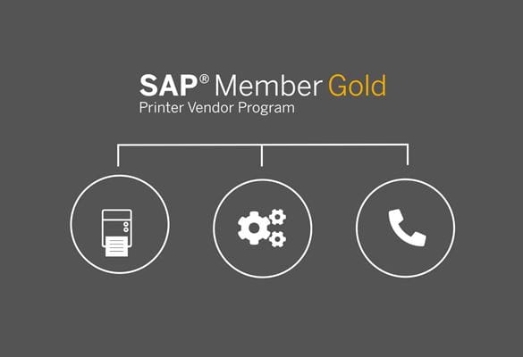 SAP member gold logo with label printer icon., cogs icon, phone icon