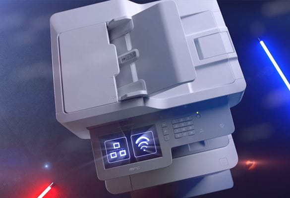 Brother MFC-L9570CDW business A4 colour laser printer from above with connectivity icons on touchscreen