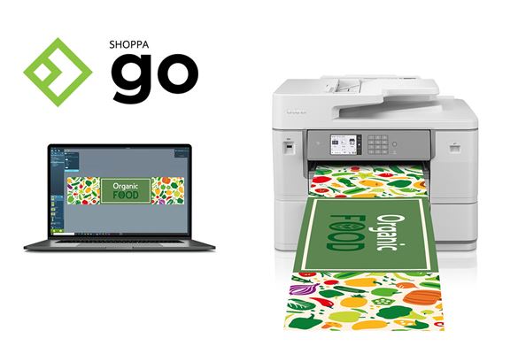 Shoppa Go logo, laptop, Printer printing large format banner