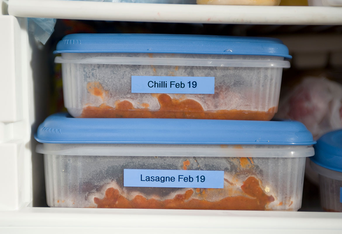 Durable Brother P-touch laminated labels on food storage containers in a freezer