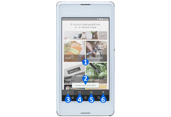 Pametni telefon s sistemom android prikazuje glavne funkcije aplikacije P-touch Design&Print