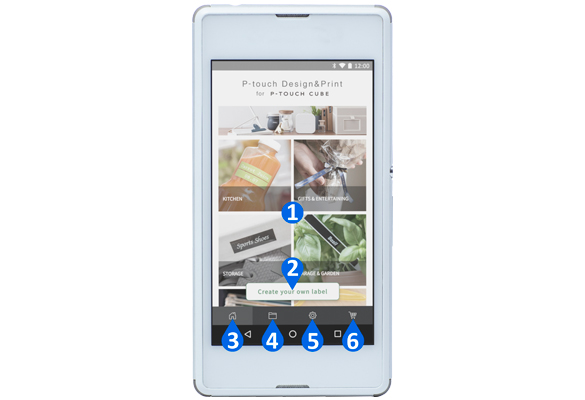 Pametni telefon sa sustavom Android prikazuje glavne značajke aplikacije P-touch Design & Print
