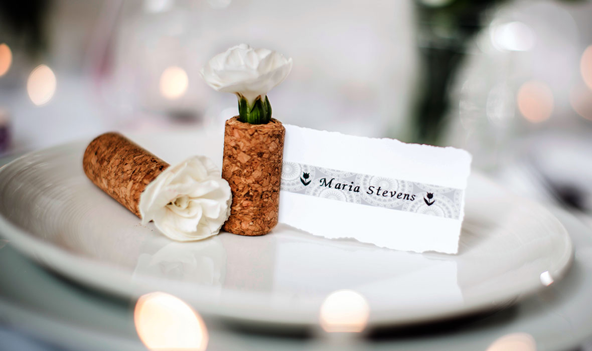 Place setting with personalised name card printed on a a Brother P-touch patterned label