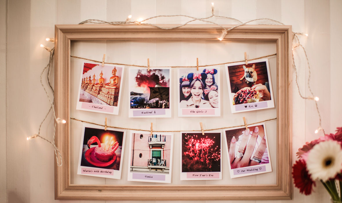 Photographs labelled with a Brother pastel pink label produced on a P-touch label printer