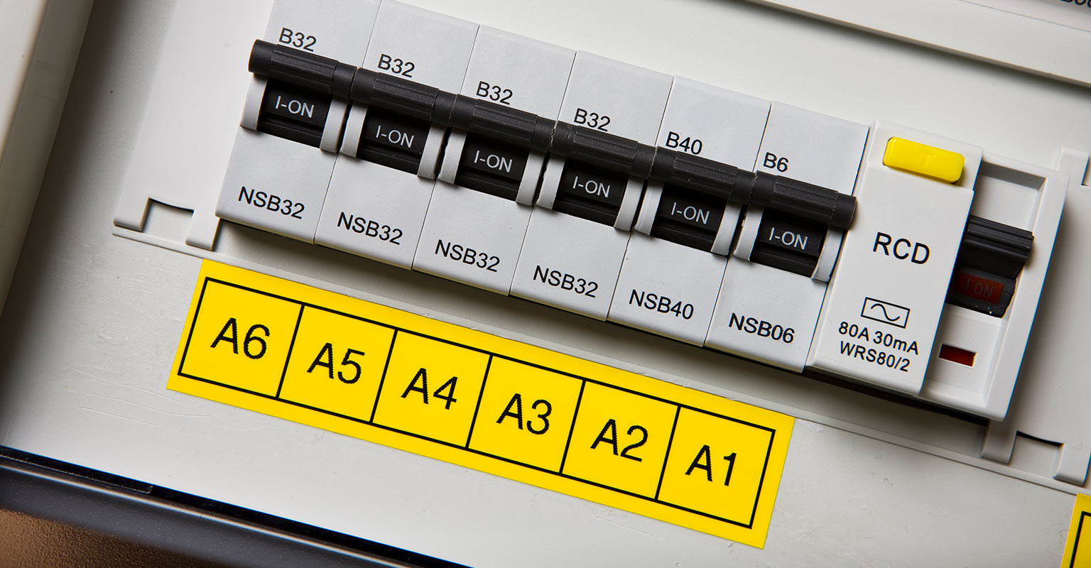 Consumer unit labelled with Brother black on yellow tape