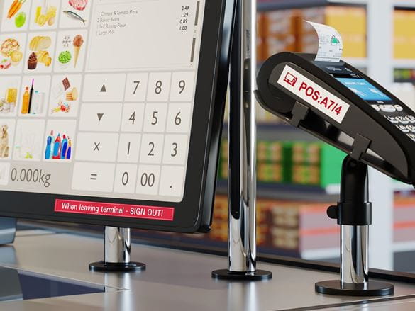 Durable Brother P-touch TZe labels on POS point-of-sale equipment in retail store