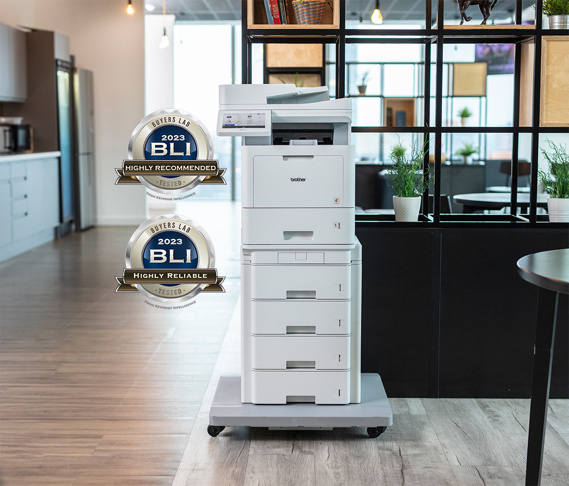 BLI highly recommended and reliable 2023 logo next to a Brother colour laser printer