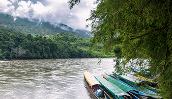 Fluss im Regenwald mit Bootmen