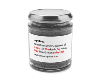 Jam jars with a contents label with black and red text