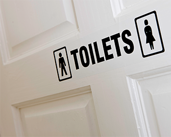 Door sign indicating toilets printed on Brother DK film label using QL label printer