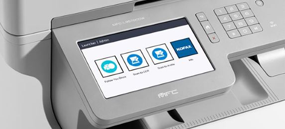Grey multifunction printer touchscreen with kofax icons
