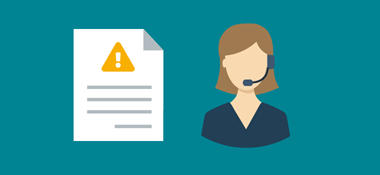 Icon of female wearing headset next to document with error icon
