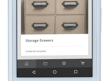 Aplicația P-touch Design&Print pe smartphone afișând rubrica Storage Drawers