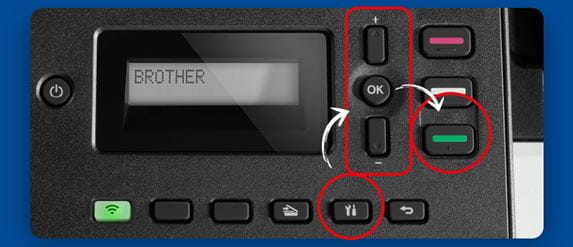 Image of printer menu with buttons, with OK, settings and start button outlined with red circles