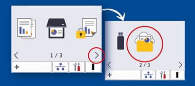 2 touchscreen images with 3 icons on the left and 2 on the right with web folder icon in red circle