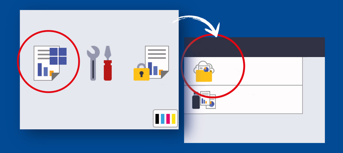 2 touchscreen images with 3 icons on the left and 2 on the right with web folder icon in red circle