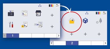 2 touchscreen images with 6 icons on the left and 3 on the right with web folder icon in red circle