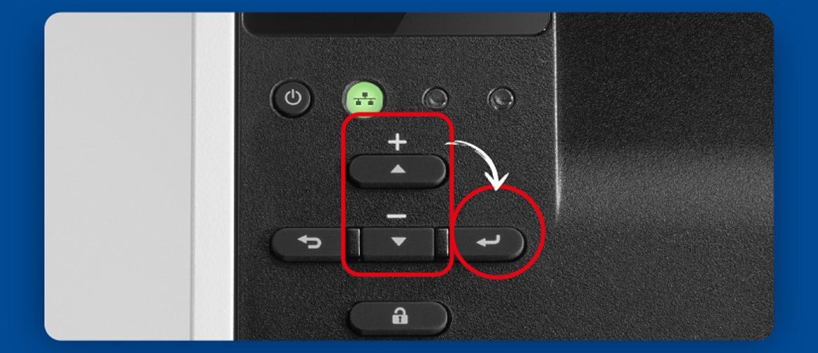 Image of printer menu with buttons, with up and down arrows outlined with red circles