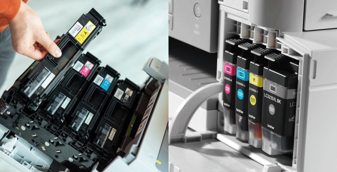 Split image with toners on the left side with a hand lifting one and ink cartridges on the right in an open printer