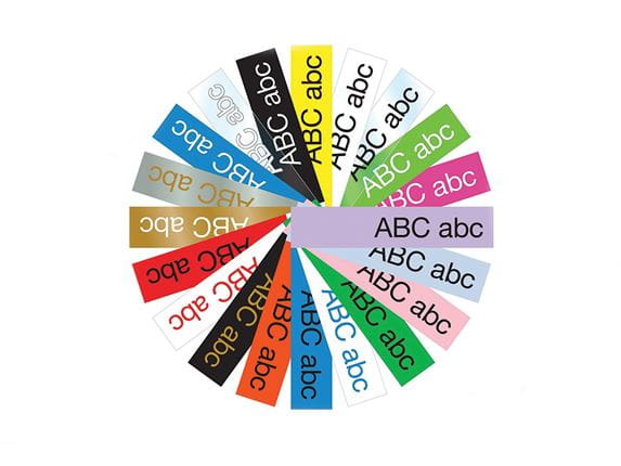 Circular graphic showing the range of durable Brother TZe tapes available 