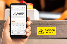 Pro Label Tool App showing industry compliant warning label template with application 