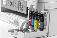 Detail shot of MFCJ4340DWE printer with ink cartridges 