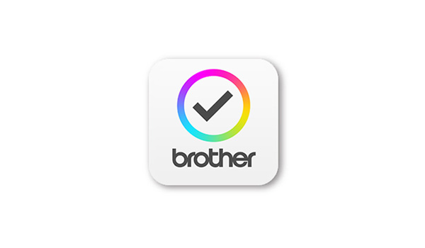 Multi coloured circle icon with black tick in centre with Brother written below