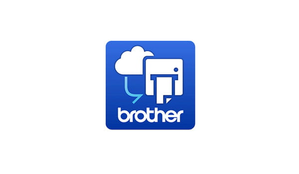 Blått ikon med hvit sky og en pil som peker mot en hvit maskin og Brother logo under