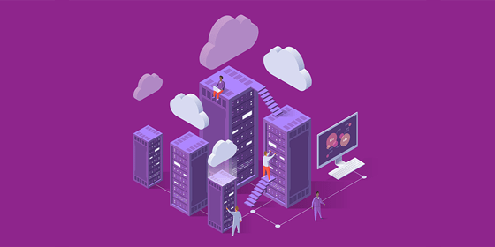 Illustration of people in offices working, cloud, computers, stairs