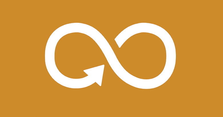 Looping arrow creating two circles icon on a brown background