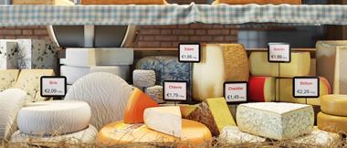 Une sélection de fromages (brie, chèvre, Edam, cheddar, Gouda et Stilton) est exposée dans une vitrine d'une boutique avec des étiquettes de prix  en euros et des étiquettes de nom clairement identifiées pour chaque type de fromage. 